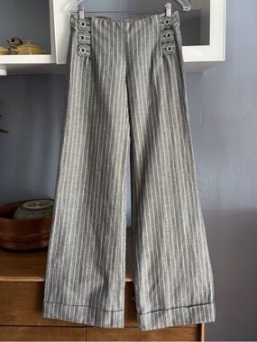 ELEVENSES Anthropologie Wide Leg Striped Trouser Pant Linen Cotton 4 Grey/blue